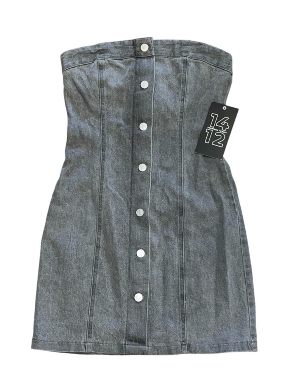 NWT Fourteen Twelve 1412 Grey Jean Denim Button Down Strapless Mini Dress Sz S